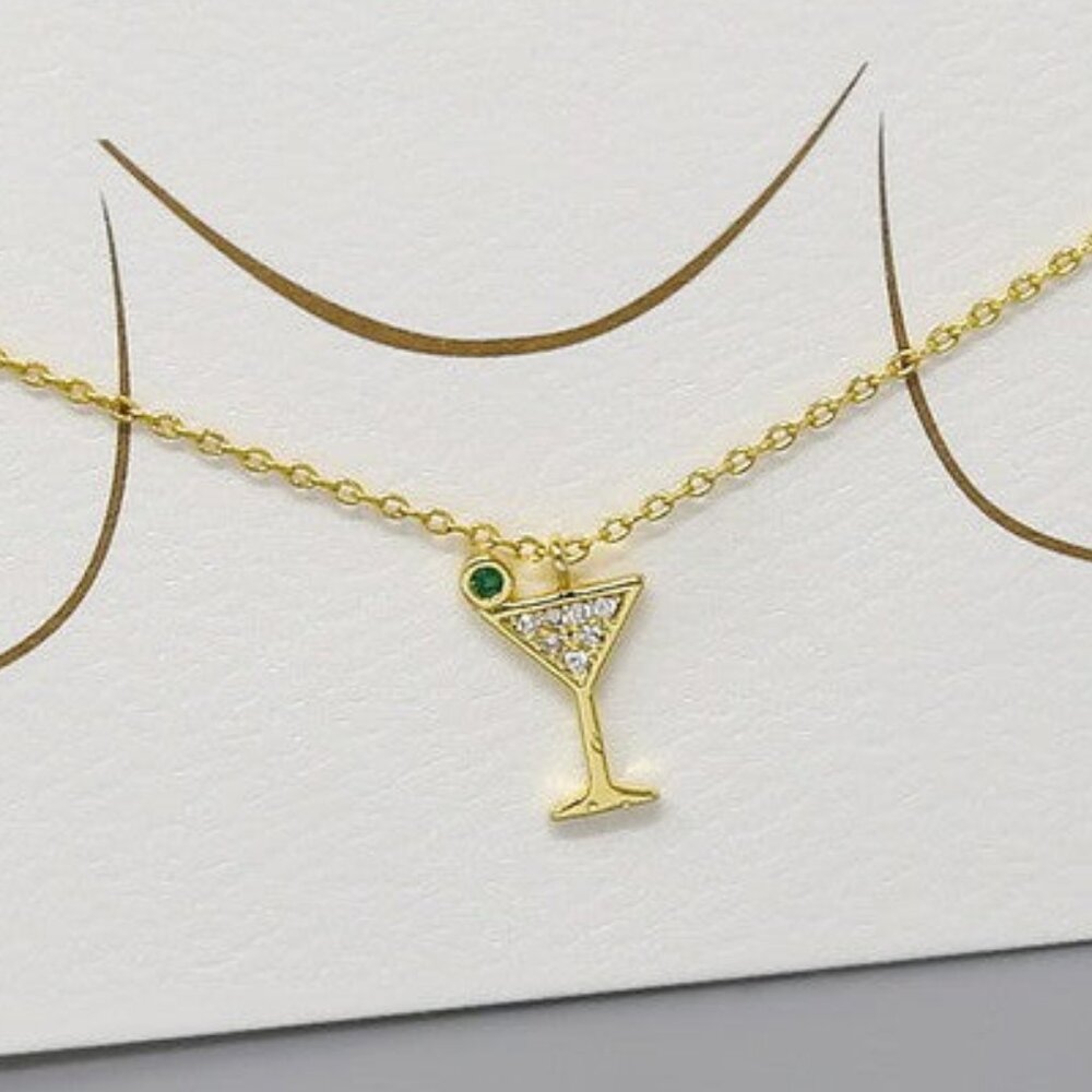 NEW Gold or Platinum Dipped Peridot Stone CZ Rhinestone Martini Glass Necklace
